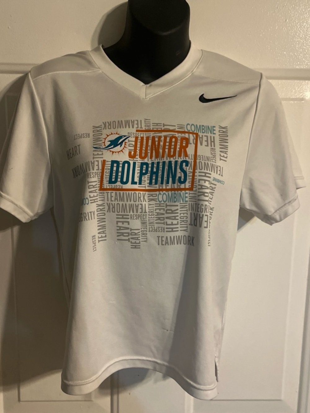 Nike White Junior Dolphins Graphic Tee with Teal & Orange Lettering